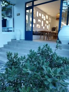 a house with a blue door and a plant at Hotel Flisvos in Megalochori