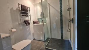 a bathroom with a glass shower with a toilet at The Garden House BnB in Barellan Point +37 photos