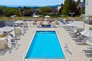 a swimming pool with chairs and umbrellas at Aloft Asheville Downtown in Asheville