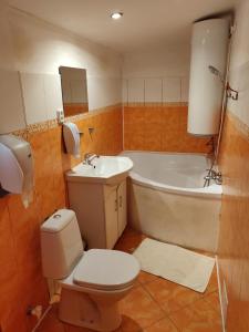 Jazo的住宿－Autokemping Jasov，浴室配有卫生间、浴缸和水槽。