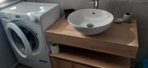 a washing machine and a white bowl sink on a counter at APPARTAMENTO LECCINO in Malcesine