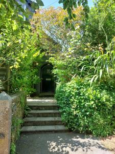 um conjunto de escadas que levam a uma porta preta em Peaceful Self-contained room near Looe em Looe