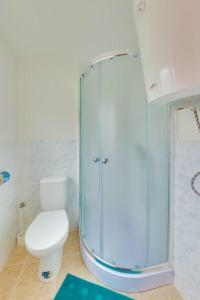 a bathroom with a toilet and a glass shower at Autokemping Jasov in Jazo