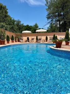 艾克許坦尼的住宿－Apartments Villa Julia，一个带椅子和遮阳伞的大型蓝色游泳池