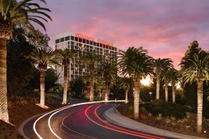 a road in front of a hotel with palm trees at Sheraton Universal in Los Angeles