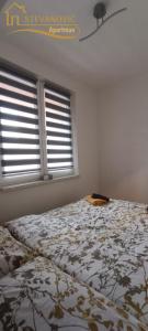 a bedroom with a bed and two windows with blinds at Apartman Stevanovic BN in Bijeljina