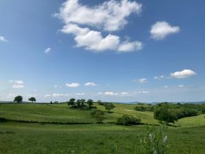 un campo de hierba verde con cielo azul y nubes en Chambres et table d'hôtes : LES SENTIERS DE LA BREME 
