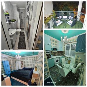 un collage de quatre photos d'un appartement dans l'établissement EWA Stúdió Apartman Hajdúszoboszló, à Hajdúszoboszló