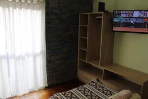 a living room with a television and a book shelf at Monoambiente microcentro in Bahía Blanca