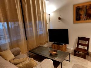 sala de estar con sofá y TV de pantalla plana en Hermoso Apto equipado a nuevo !, en Montevideo