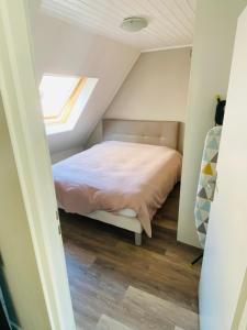 ein kleines Schlafzimmer mit einem Bett im Dachgeschoss in der Unterkunft Joli 2 pièces, climatisé avec terrasse, vue sur les toits, en zone piétonne in Haguenau