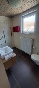 a bathroom with a sink and a toilet and a window at Gästehaus Frevel in Münstermaifeld