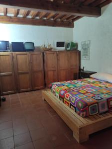 1 dormitorio con 1 cama y armarios de madera en Podere Buonarosa en Camaiore