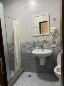 a bathroom with a sink and a toilet and a mirror at House on Moryakov 55 in Chakvi