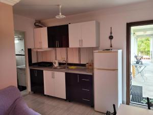 a kitchen with white cabinets and a white refrigerator at Apsa Butik Hotel in Sukhum