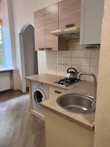a kitchen with a sink and a washing machine at apartments of Saint Theodore in Lviv