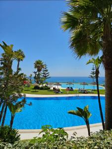 een zwembad met palmbomen en de oceaan bij Summer House duplex en la playa con piscina in Benalmádena