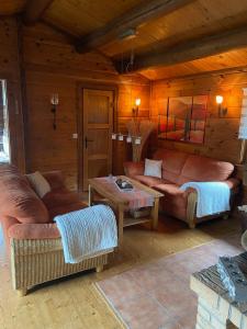 ein Wohnzimmer mit Sofas und Tischen in einer Hütte in der Unterkunft Blockhaus FerienZauber in Bromskirchen