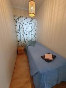 a small bedroom with a blue bed and a lamp at Rovaniemi Ruokasenkatu apt - Wi-Fi - Sauna - Free Parking in Rovaniemi