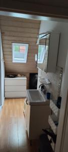 una pequeña cocina con lavabo y espejo en Gästehaus Alte Liebe en Borgholzhausen