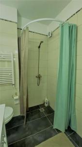 een badkamer met een douche, een toilet en een douchegordijn bij Iris' Apartment in Thessaloniki