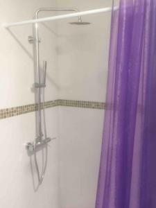 y baño con ducha y cortina púrpura. en La casita Ossa, en Ossa de Montiel