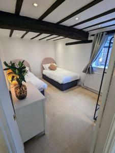 een kamer met twee bedden en een tafel met een plant bij Zeppelin House - Riverside 18th Century Townhouse in Bewdley
