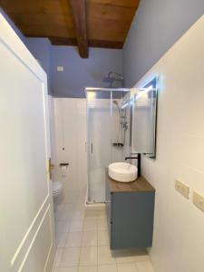 een badkamer met een wastafel, een douche en een toilet bij Appartamento in centro storico L&L house in Imola