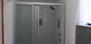 a shower with a glass door in a bathroom at Shark Cove Little Cottage in Kleinbaai
