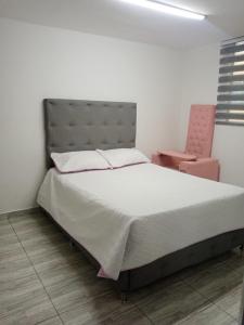 a bedroom with a large bed and a pink chair at Apartamento STYLE 2 in San Luis