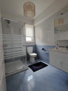 a bathroom with a shower and a toilet and a sink at Iridia Resort Villas in Foiníki