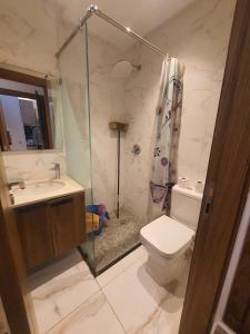 a bathroom with a shower and a toilet and a sink at Cosy Appartement meublé à Mehdia in Kenitra