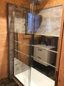 a glass shower in a bathroom with a sink at Forest Jura Lodge - Chalet de la Vache in Alièze