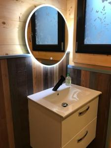 een badkamer met een wastafel en een spiegel bij Forest Jura Lodge - Chalet de la Vache in Alièze