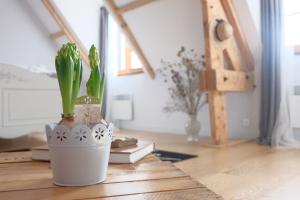 una planta en una olla blanca sentada en una mesa en Thérouanne en Berry, en Plaimpied-Givaudins