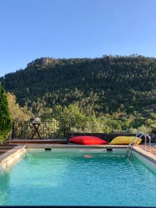 a large swimming pool with a view of a mountain at L’Hacienda Maison d’hôtes in Bagnols-en-Forêt