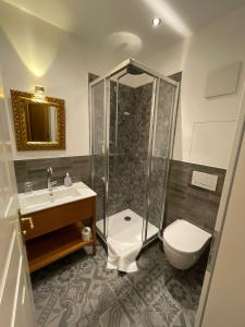 een badkamer met een douche, een toilet en een wastafel bij ciao-aschau Haus zur Burg Ap112 Burgblick in Aschau