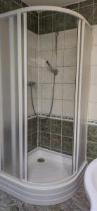 a shower with a glass door in a bathroom at Apartmán na Koskách in Třeboň +14 photos