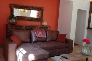 uma sala de estar com um sofá castanho e um espelho em Rez de maison/jacuzzi privé/patio fleuri em Olivese