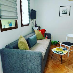 a living room with a blue couch and a table at Apartman PAVLE in Plužine