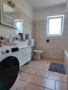 y baño con lavabo, aseo y espejo. en Best Buy Apartments Fažana Valbandon, en Fažana