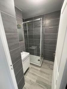 a bathroom with a shower and a toilet at Home DisneyLand Paris avec Parking wifi in Lagny