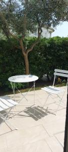 una mesa y dos sillas sentadas junto a un árbol en B&B Il Gabbiano, en Cittadella del Capo