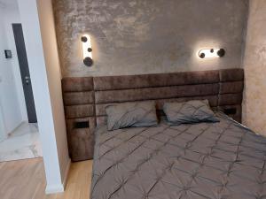 een slaapkamer met een bruin bed met 2 kussens bij Cosmopolit by Riba in Braşov