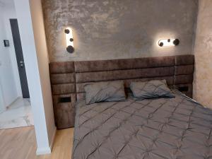 a bedroom with a brown bed with two pillows at Cosmopolit by Riba in Braşov