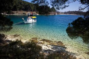 a boat is docked in a large body of water at Exclusive Apartments Milahomes by the sea, boot mooring and private parking in Mali Lošinj