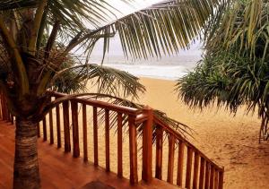 a wooden staircase leading to a beach with a palm tree at Sri Lanka Beach House Hotel and SPA in Hikkaduwa