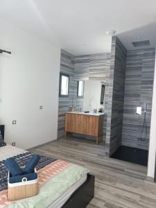 a bedroom with a bathroom with a tub and a sink at Villa au calme in Montauroux