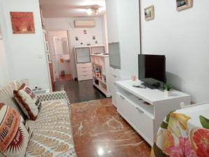 - un salon avec un canapé et une télévision dans l'établissement Apartamento Con Encanto 'Larios Studio', à Malaga