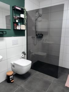 a bathroom with a white toilet and a shower at Moderne Wohnung mit Loggia - Neubau 2023 in Bergisch Gladbach